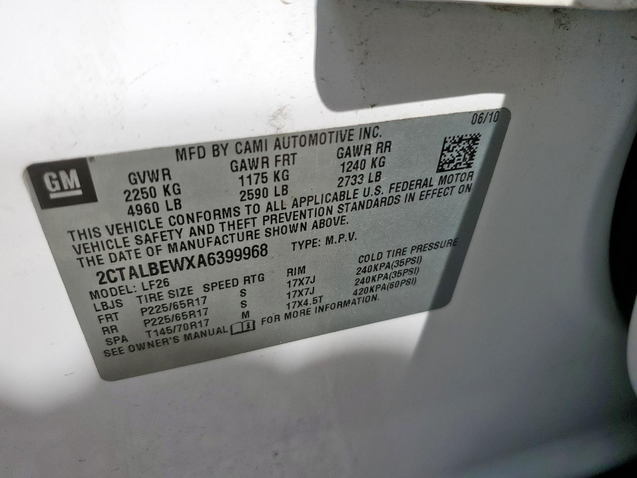 2010 GMC Terrain Sle VIN: 2CTALBEWXA6399968 Lot: 81632765