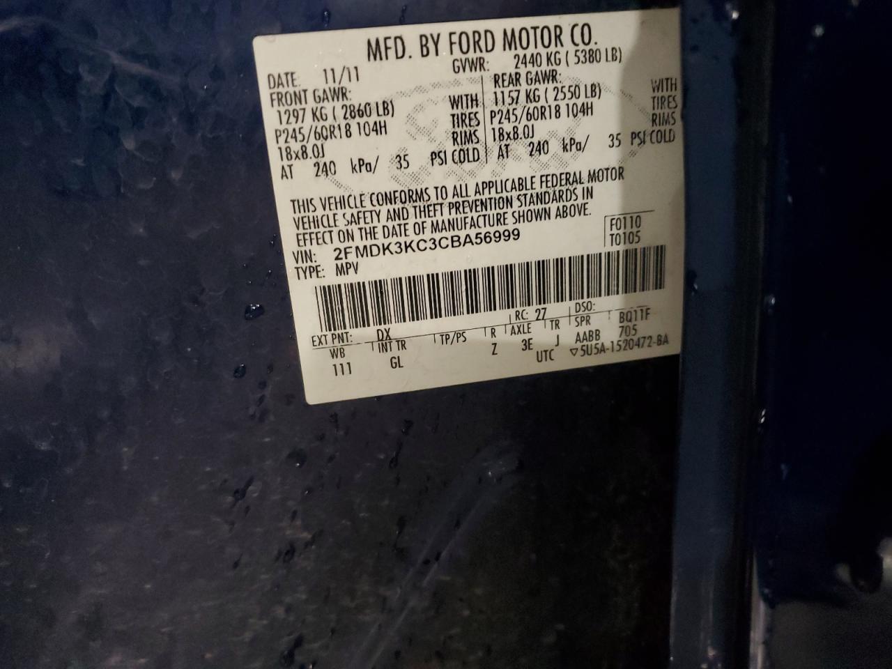 2012 Ford Edge Limited VIN: 2FMDK3KC3CBA56999 Lot: 70764375