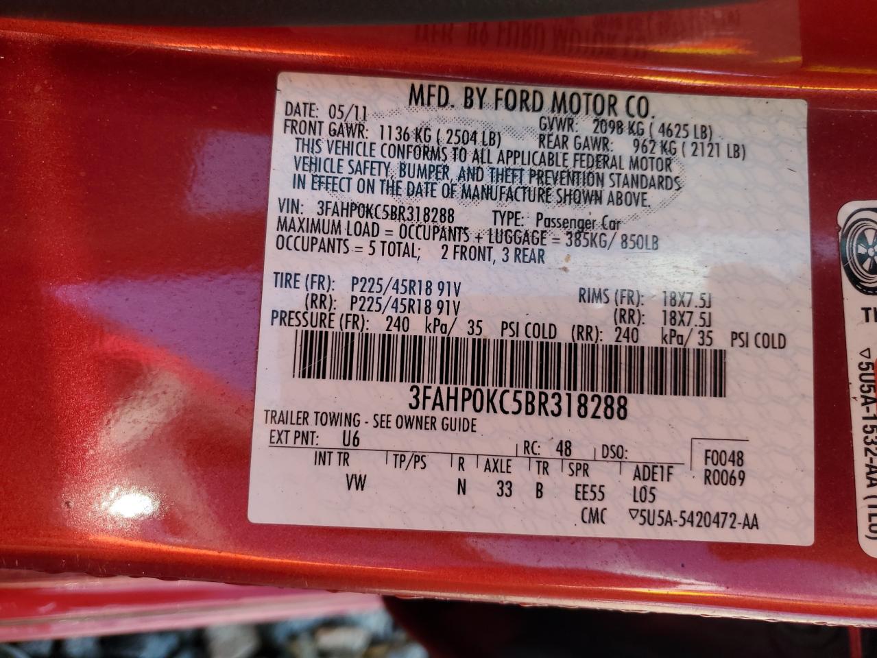 2011 Ford Fusion Sport VIN: 3FAHP0KC5BR318288 Lot: 83947135