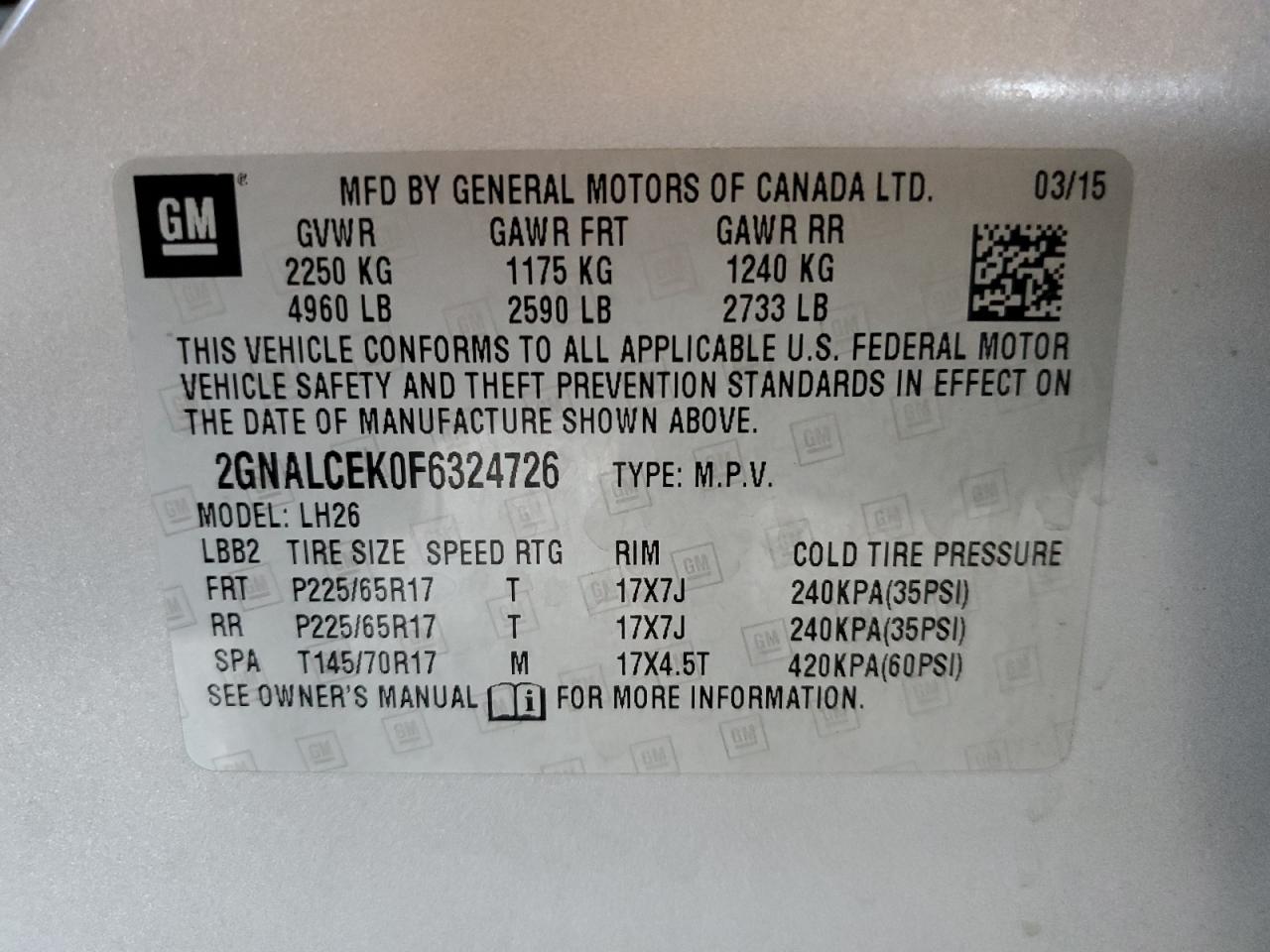 2015 Chevrolet Equinox Lt VIN: 2GNALCEK0F6324726 Lot: 83760465