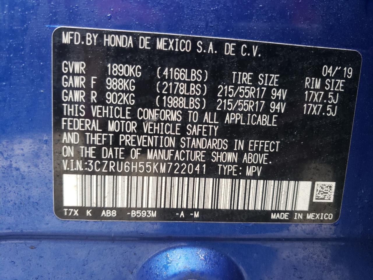 2019 Honda Hr-V Ex VIN: 3CZRU6H55KM722041 Lot: 80142815