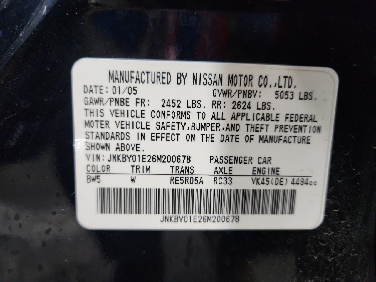 2006 Infiniti M45 Base VIN: JNKBY01E26M200678 Lot: 80062155