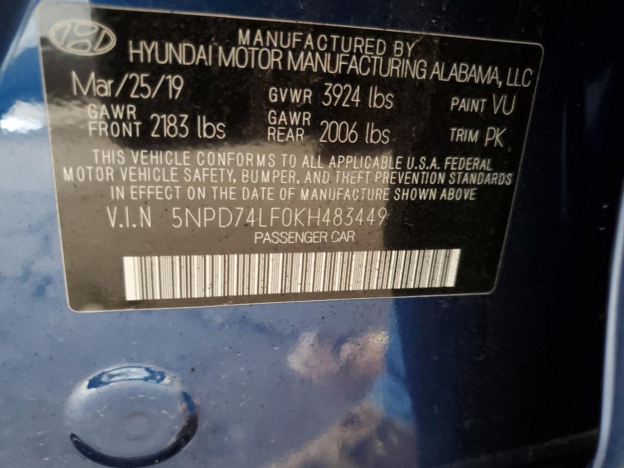 2019 Hyundai Elantra Se VIN: 5NPD74LF0KH483449 Lot: 70930525