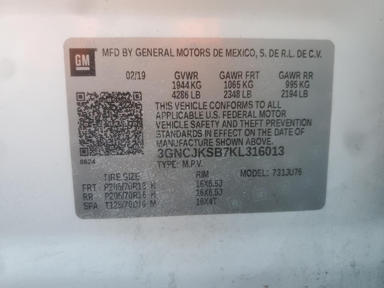 2019 Chevrolet Trax Ls VIN: 3GNCJKSB7KL316013 Lot: 80218695