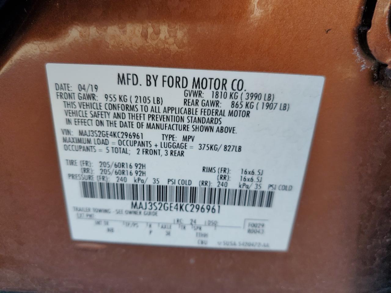 2019 Ford Ecosport Se VIN: MAJ3S2GE4KC296961 Lot: 81677455