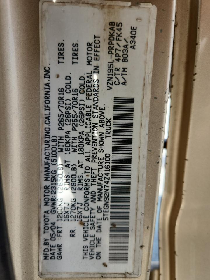 2004 Toyota Tacoma Double Cab Prerunner VIN: 5TEGN92N74Z416100 Lot: 81588475