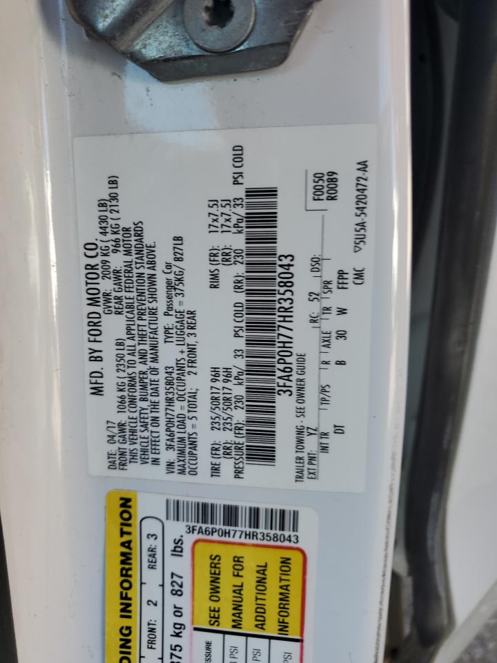 2017 Ford Fusion Se VIN: 3FA6P0H77HR358043 Lot: 70677425