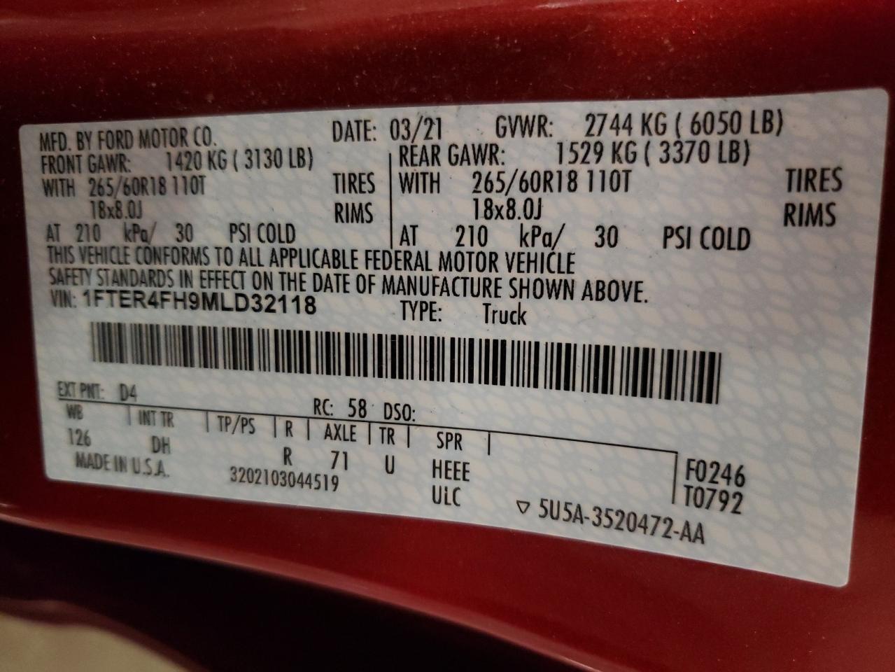 2021 Ford Ranger Xl VIN: 1FTER4FH9MLD32118 Lot: 81752905