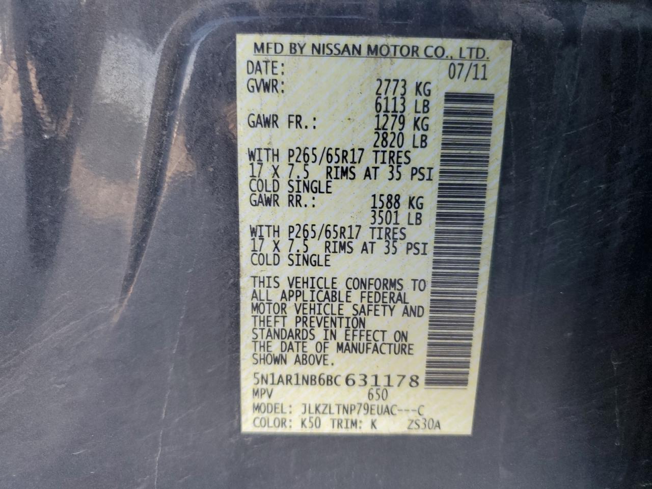 2011 Nissan Pathfinder S VIN: 5N1AR1NB6BC631178 Lot: 71516945