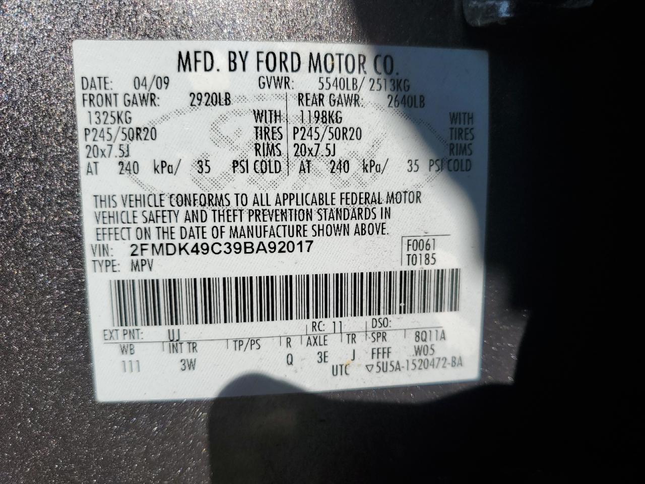 2009 Ford Edge Limited VIN: 2FMDK49C39BA92017 Lot: 81274665
