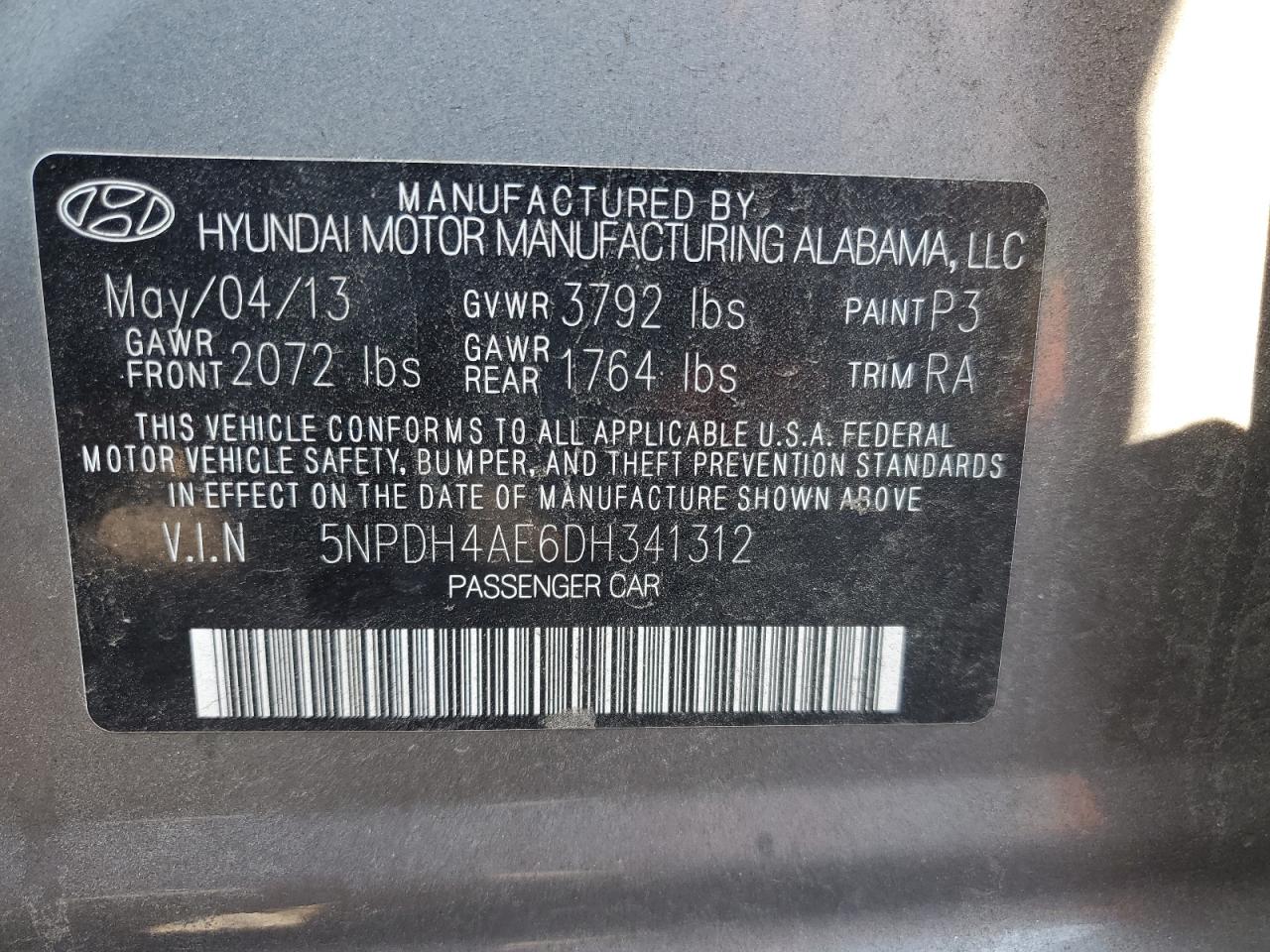 2013 Hyundai Elantra Gls VIN: 5NPDH4AE6DH341312 Lot: 71254675