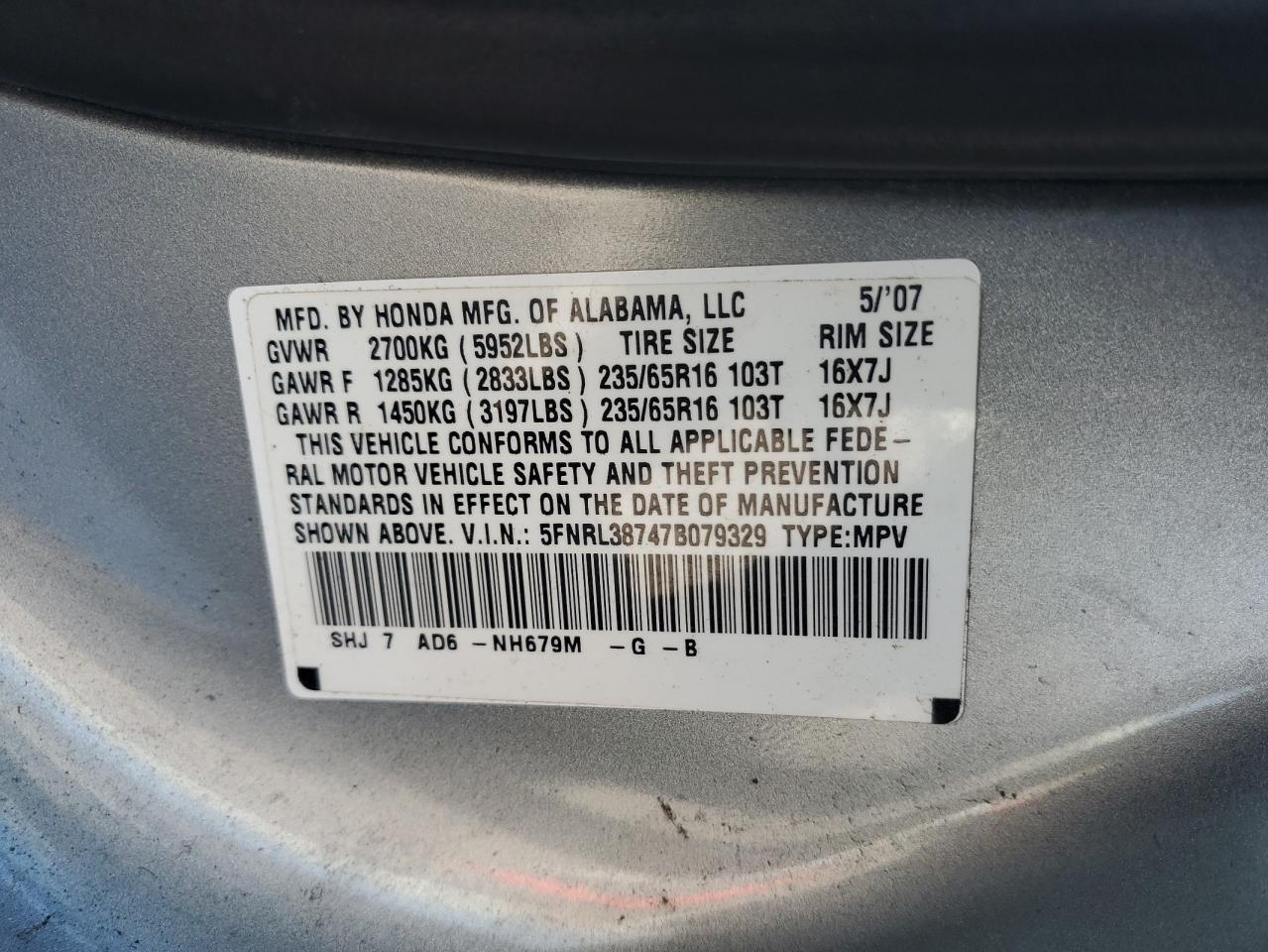 2007 Honda Odyssey Exl VIN: 5FNRL38747B079329 Lot: 80814925