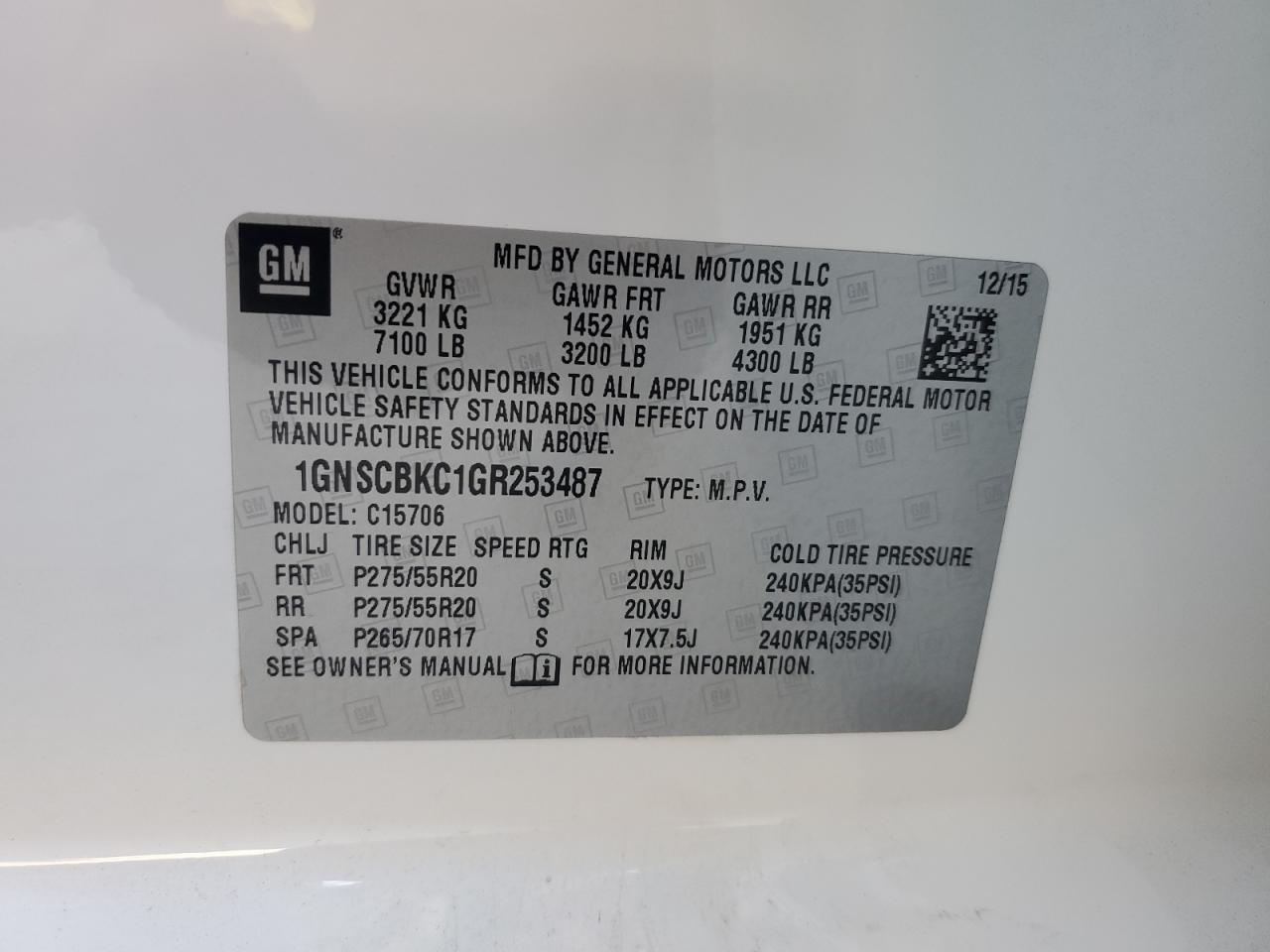 2016 Chevrolet Tahoe C1500 Lt VIN: 1GNSCBKC1GR253487 Lot: 84806325