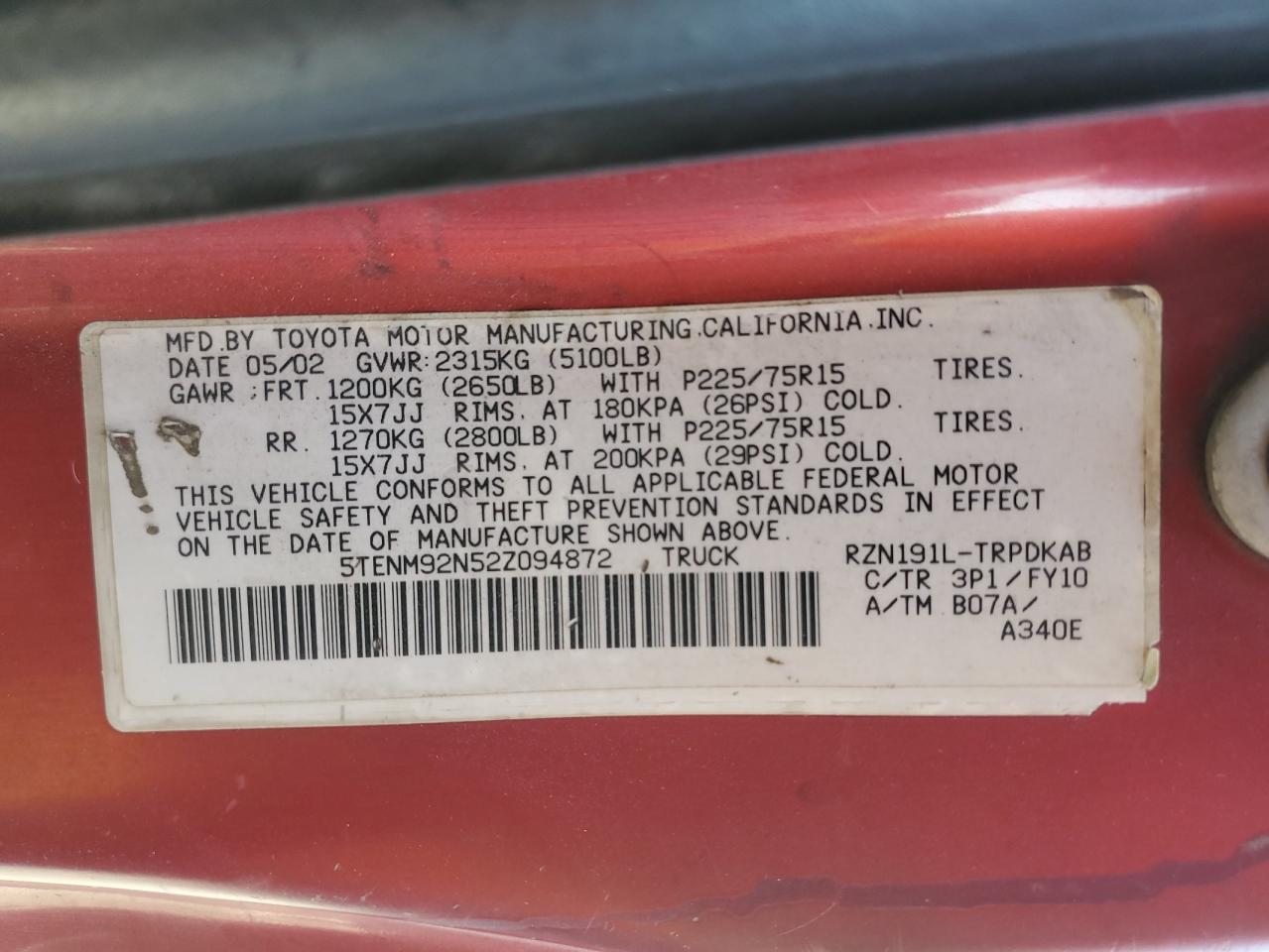 2002 Toyota Tacoma Prerunner VIN: 5TENM92N52Z094872 Lot: 71614565