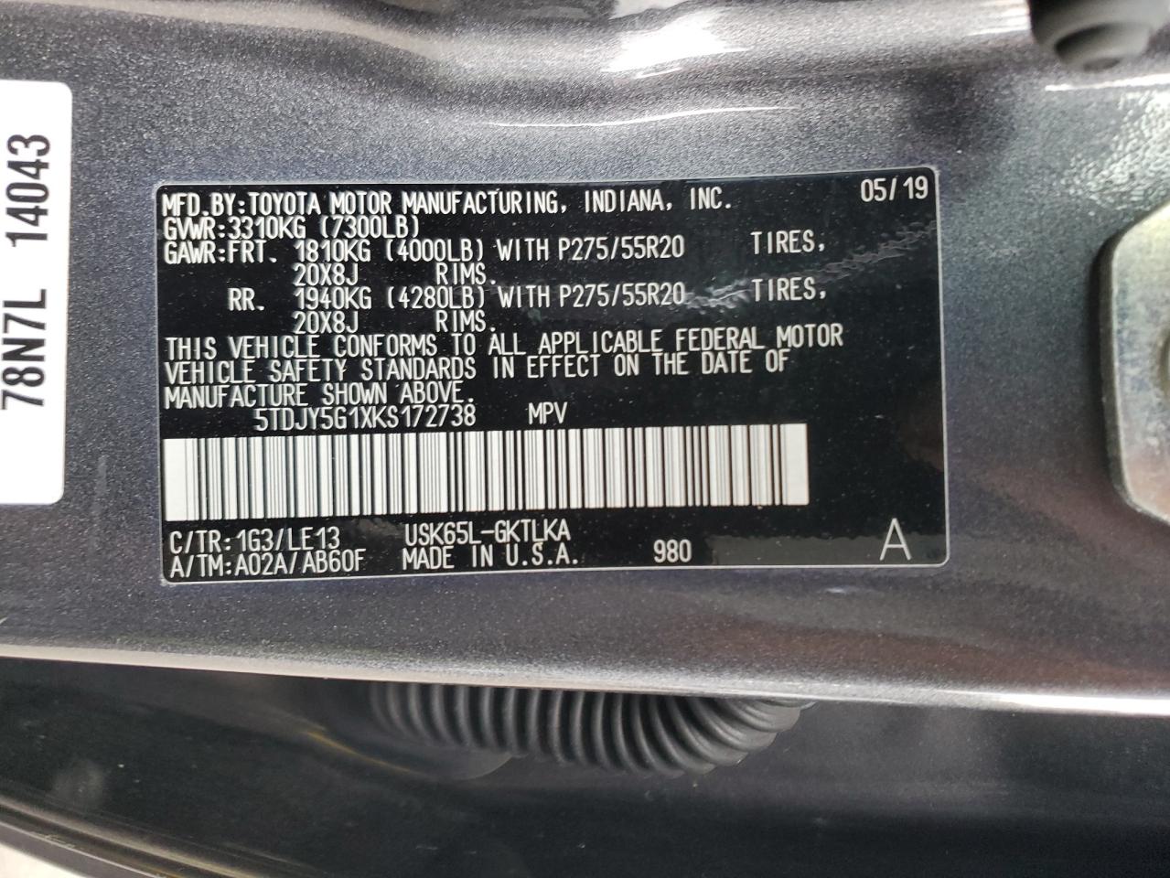 2019 Toyota Sequoia Limited VIN: 5TDJY5G1XKS172738 Lot: 80293615