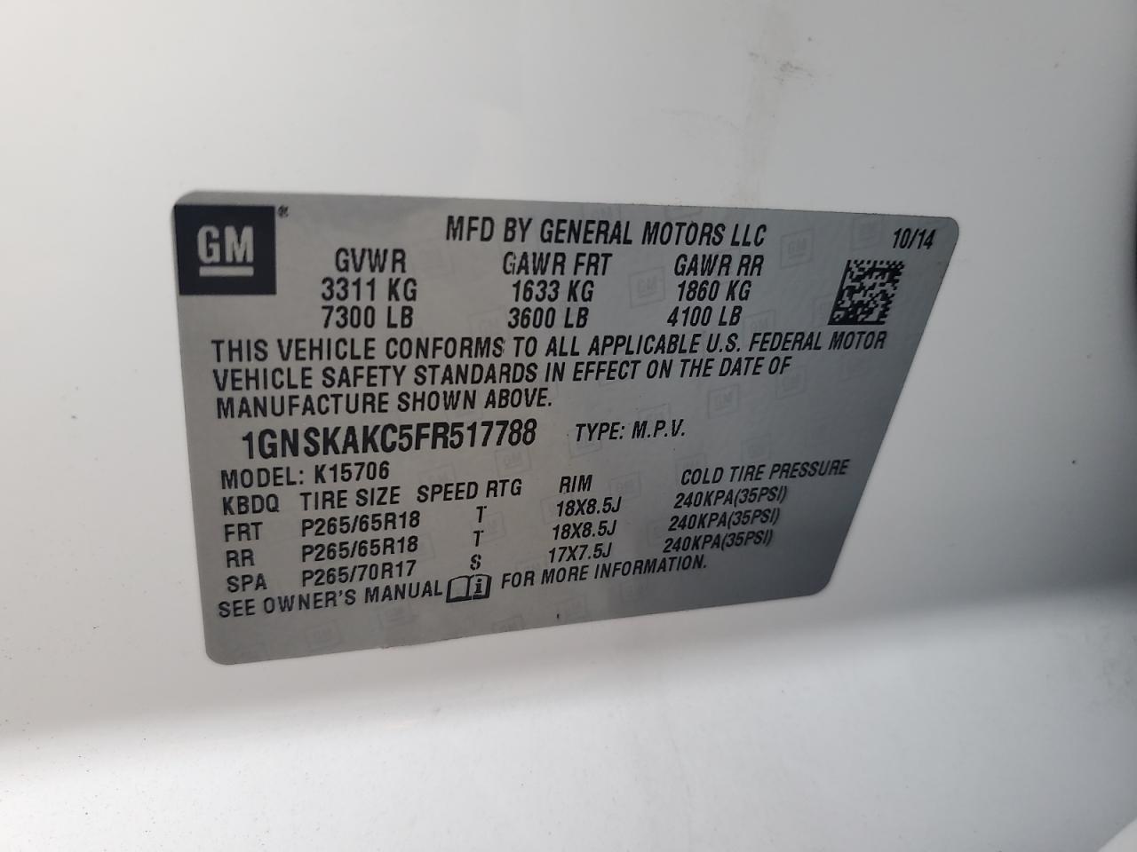 2015 Chevrolet Tahoe K1500 Ls VIN: 1GNSKAKC5FR517788 Lot: 71983855