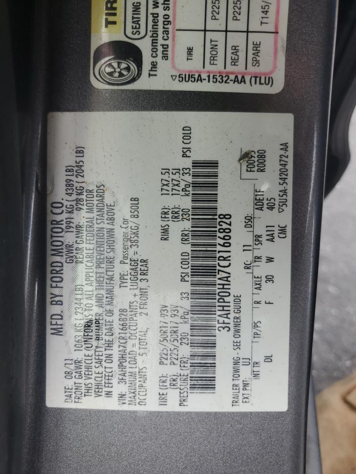 2012 Ford Fusion Se VIN: 3FAHP0HA7CR166828 Lot: 80650795