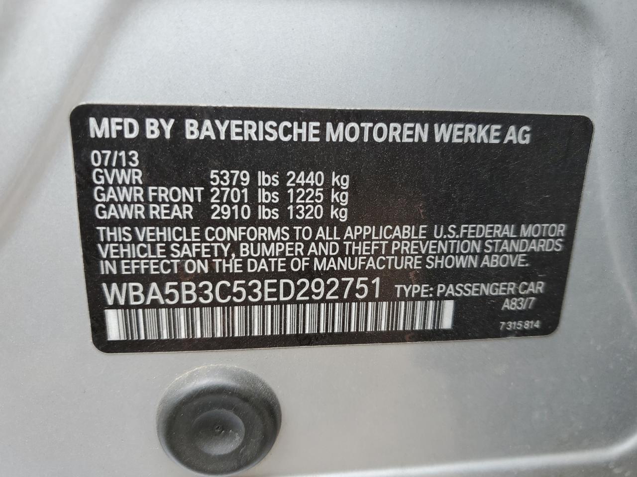 2014 BMW 535 Xi VIN: WBA5B3C53ED292751 Lot: 80827165
