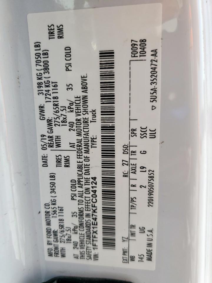 2019 Ford F150 Super Cab VIN: 1FTFX1E47KFC04124 Lot: 71254085