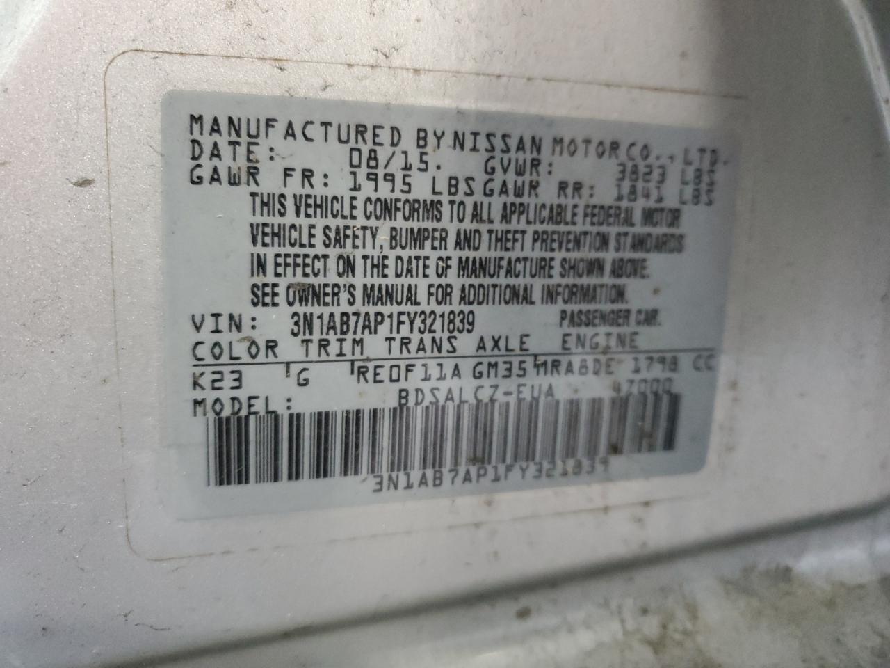 2015 Nissan Sentra S VIN: 3N1AB7AP1FY321839 Lot: 80107745