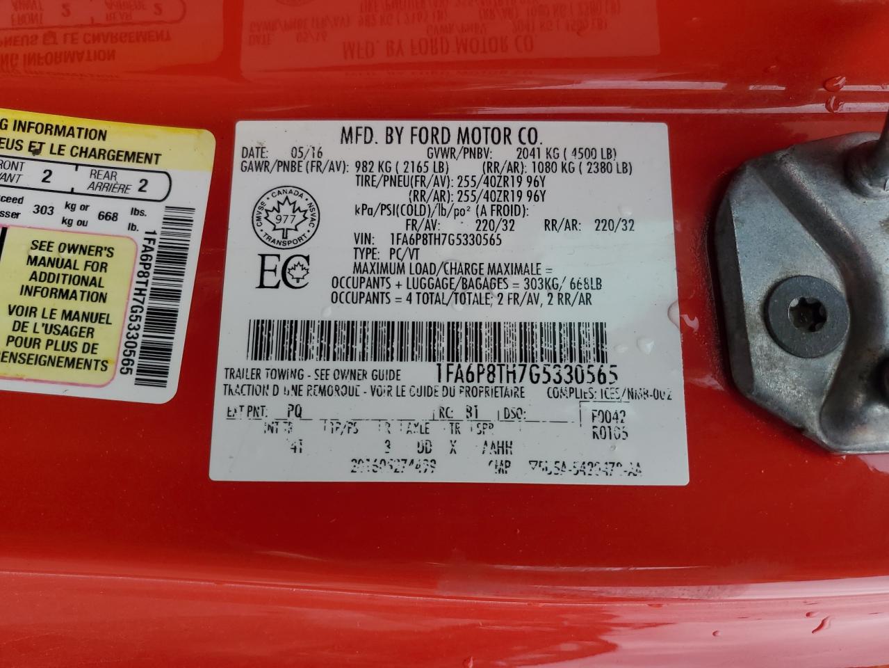 2016 Ford Mustang VIN: 1FA6P8TH7G5330565 Lot: 81315915