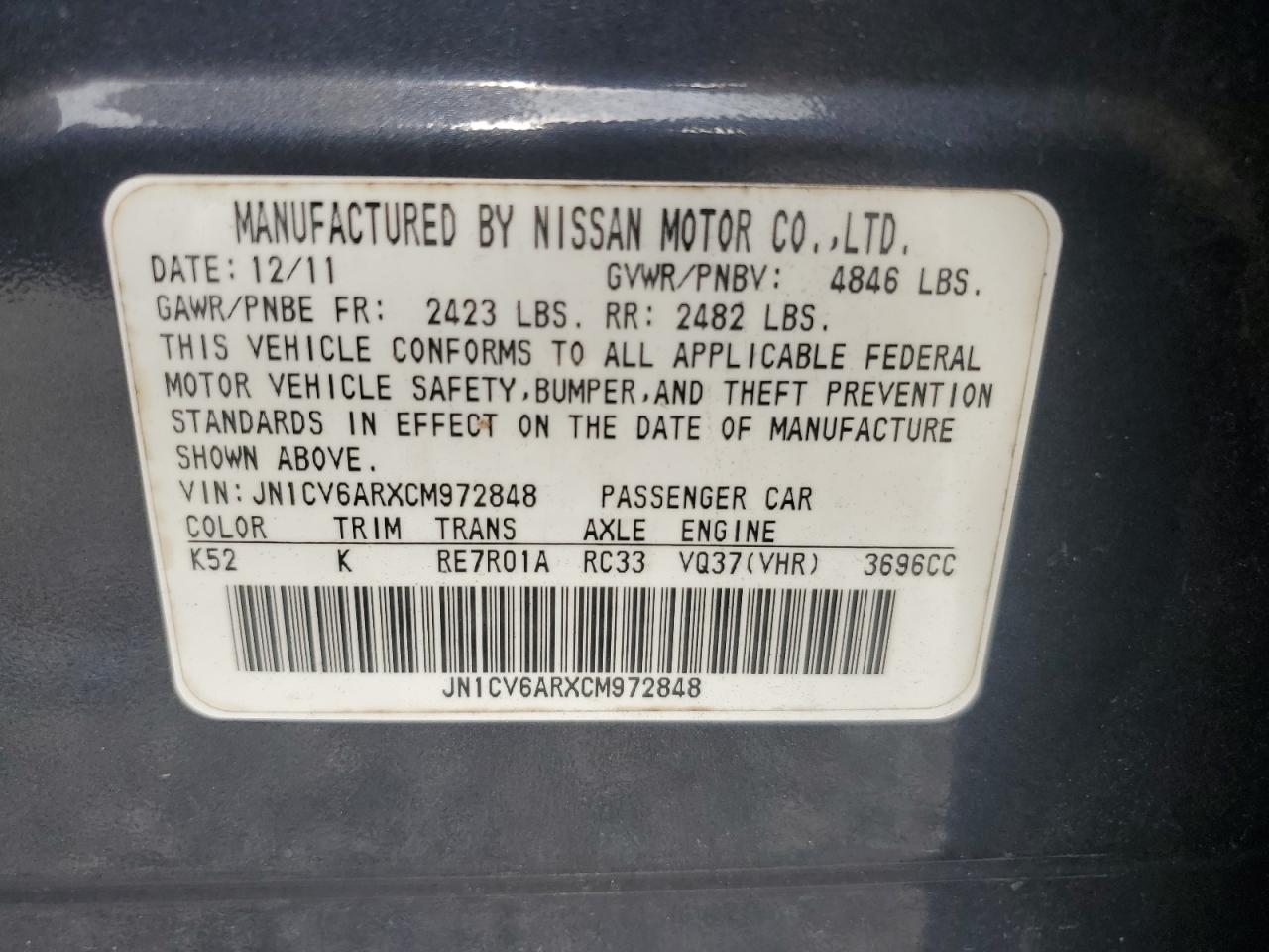 2012 Infiniti G37 VIN: JN1CV6ARXCM972848 Lot: 80635075