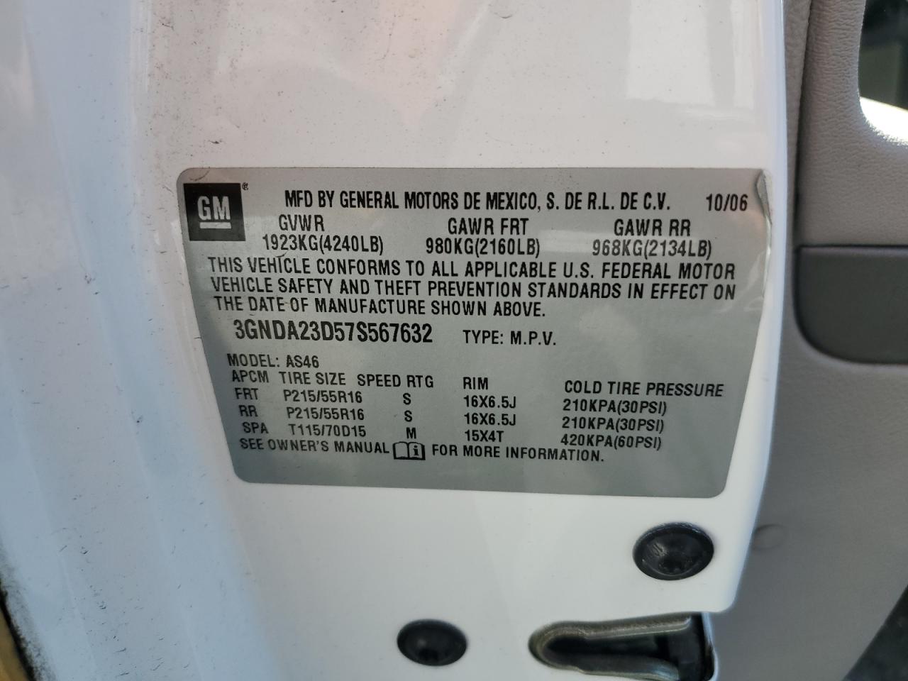 2007 Chevrolet Hhr Lt VIN: 3GNDA23D57S567632 Lot: 80547445