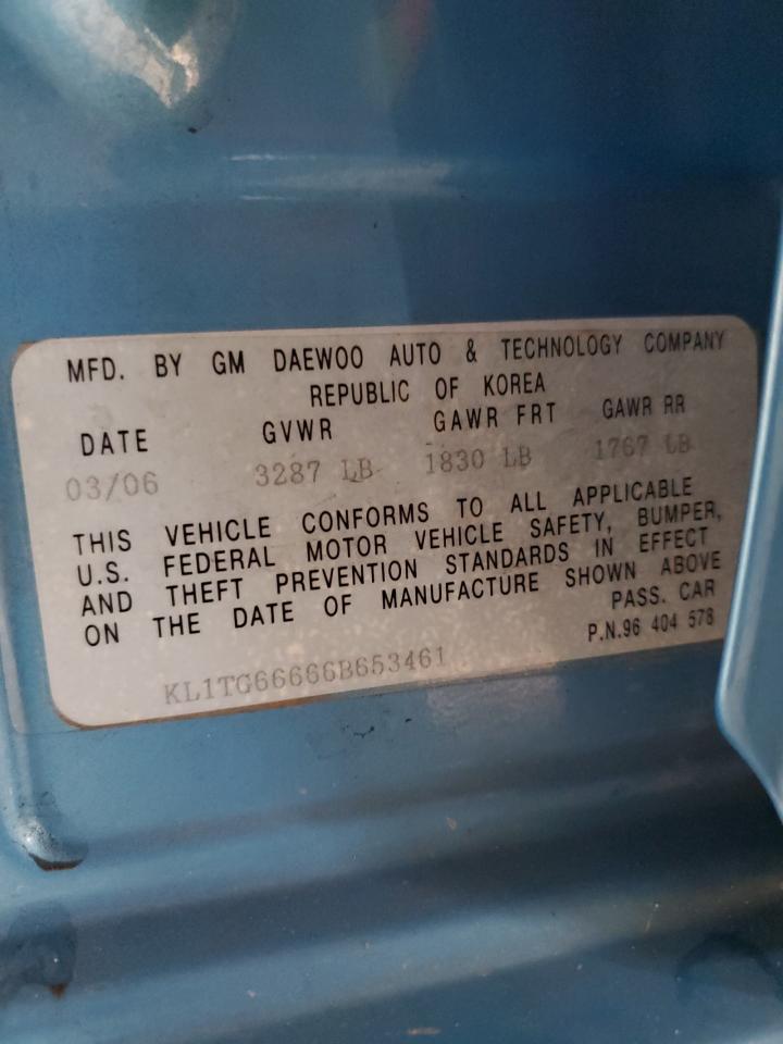 2006 Chevrolet Aveo Lt VIN: KL1TG66666B653461 Lot: 71674235