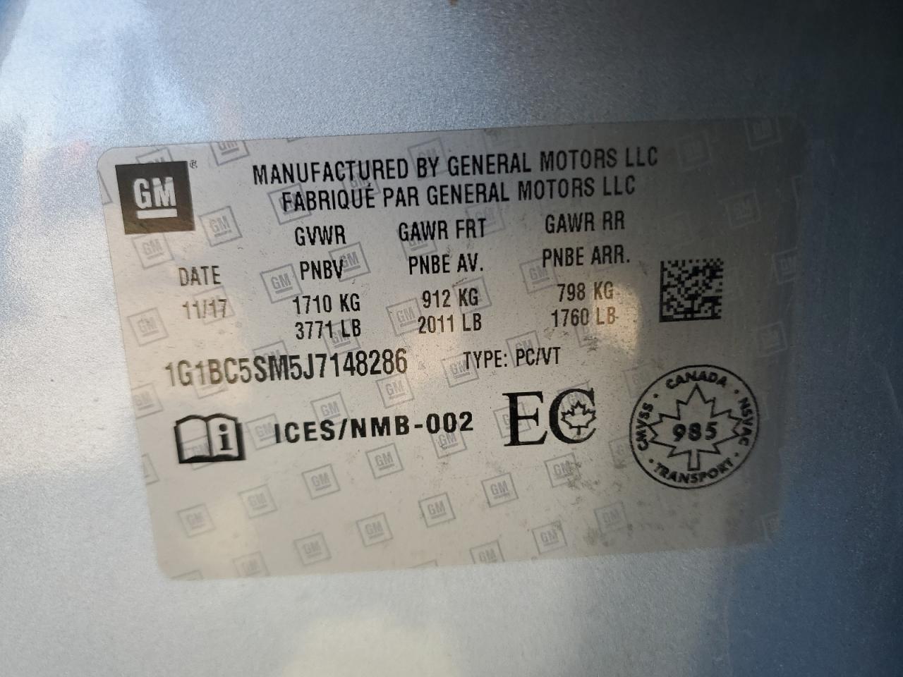 2018 Chevrolet Cruze Ls VIN: 1G1BC5SM5J7148286 Lot: 81280945