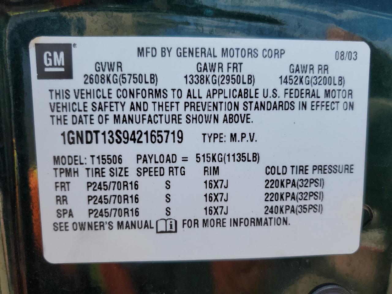 2004 Chevrolet Trailblazer Ls VIN: 1GNDT13S942165719 Lot: 84704745