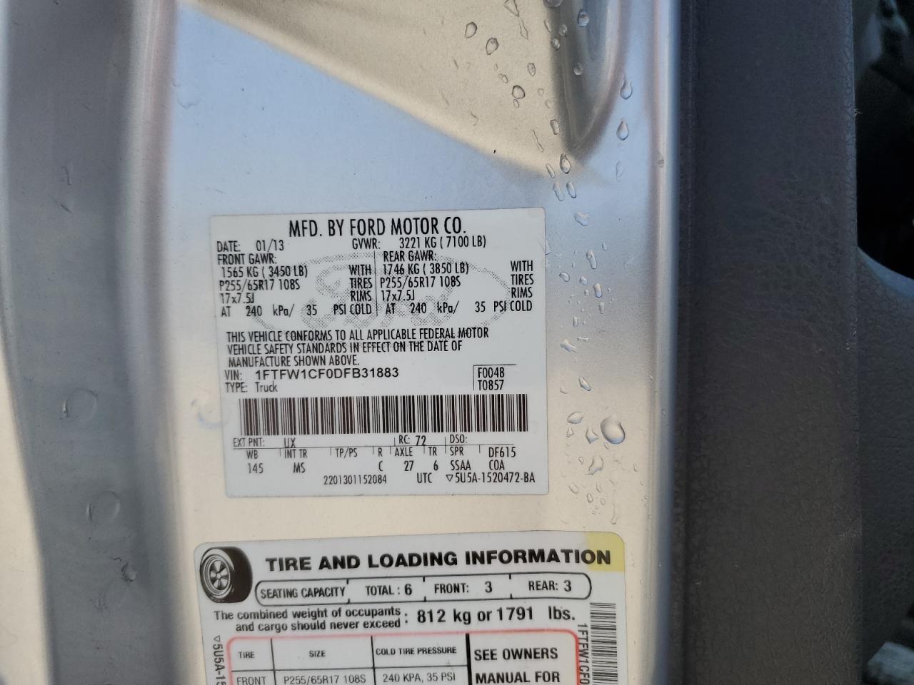 2013 Ford F150 Supercrew VIN: 1FTFW1CF0DFB31883 Lot: 80667165