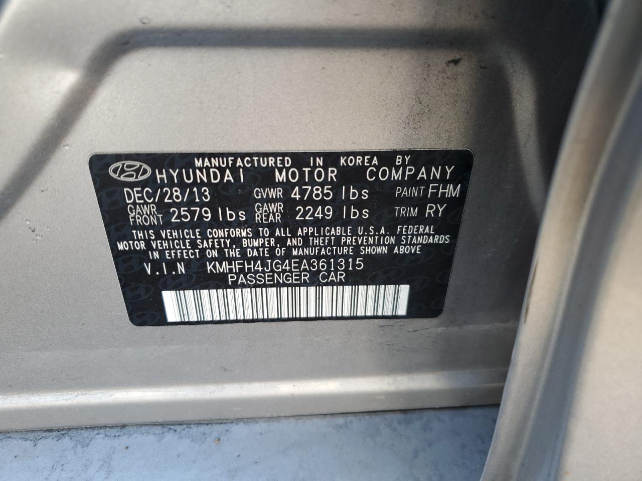 2014 Hyundai Azera Gls VIN: KMHFH4JG4EA361315 Lot: 80573325