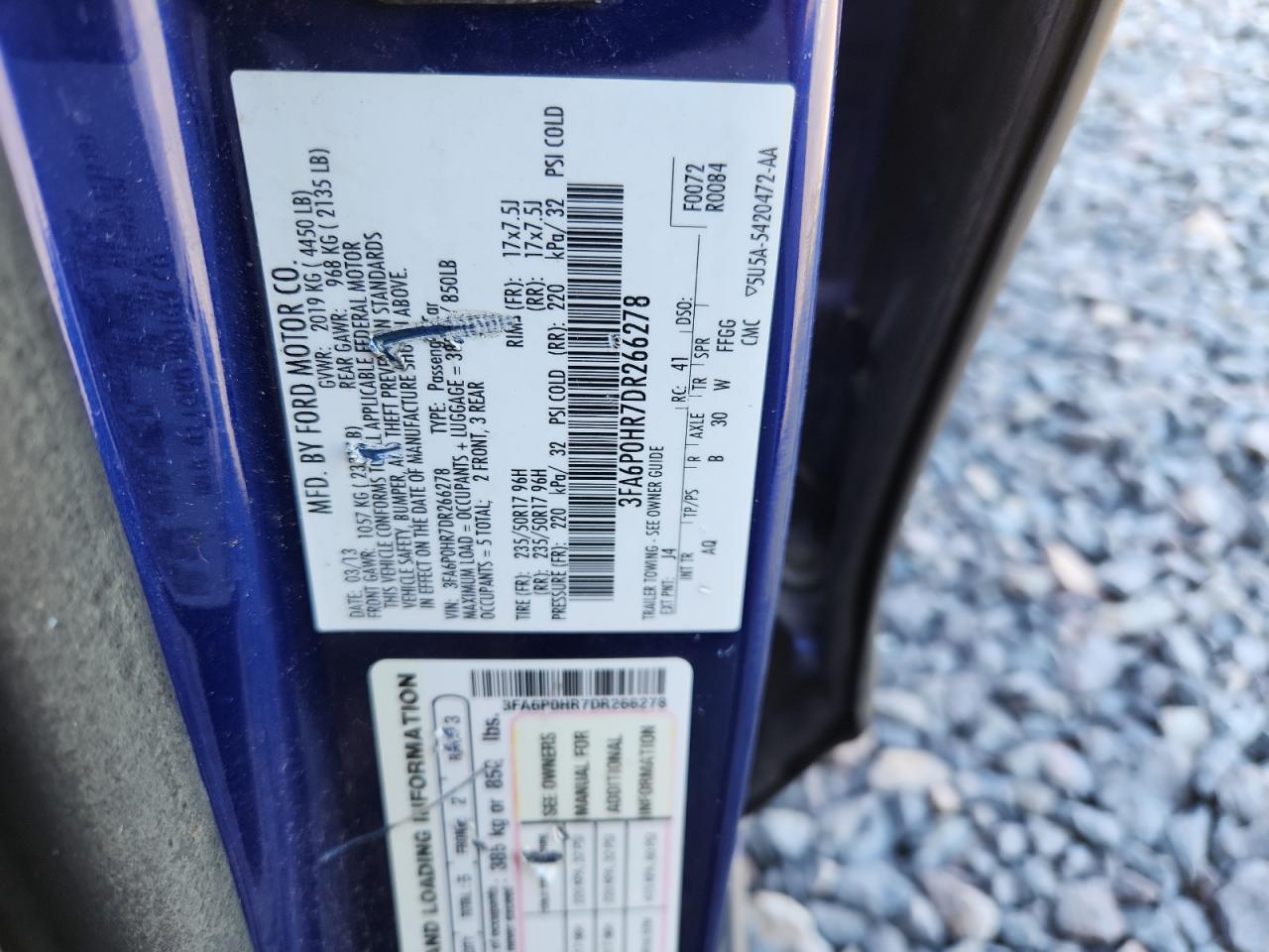 2013 Ford Fusion Se VIN: 3FA6P0HR7DR266278 Lot: 81016275