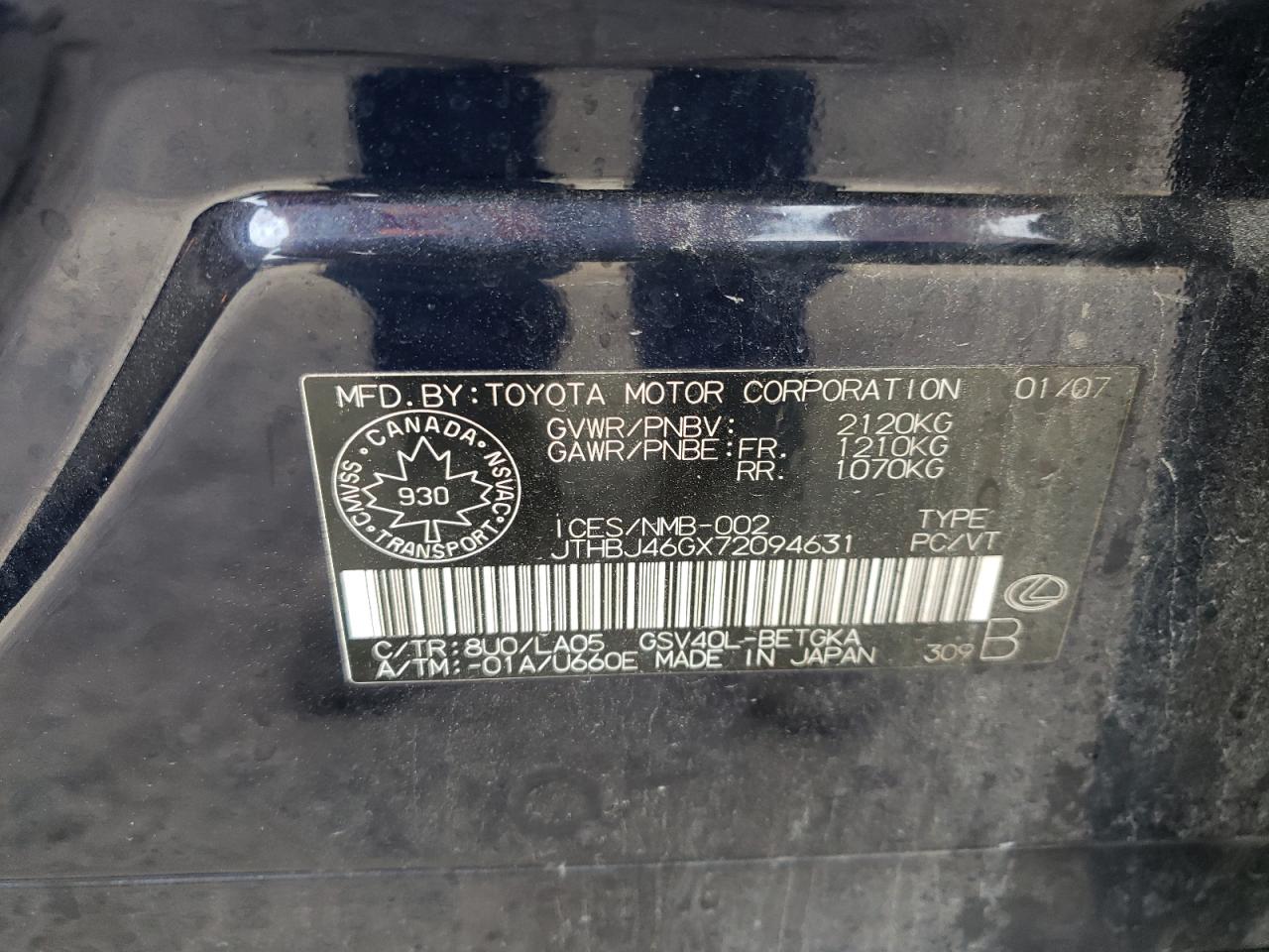 2007 Lexus Es 350 VIN: JTHBJ46GX72094631 Lot: 81110465