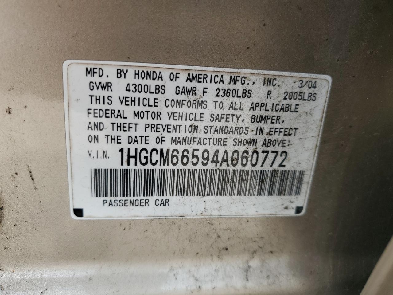 2004 Honda Accord Ex VIN: 1HGCM66594A060772 Lot: 82033145