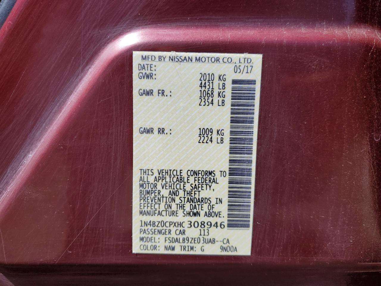 2017 Nissan Leaf S VIN: 1N4BZ0CPXHC308946 Lot: 81691645