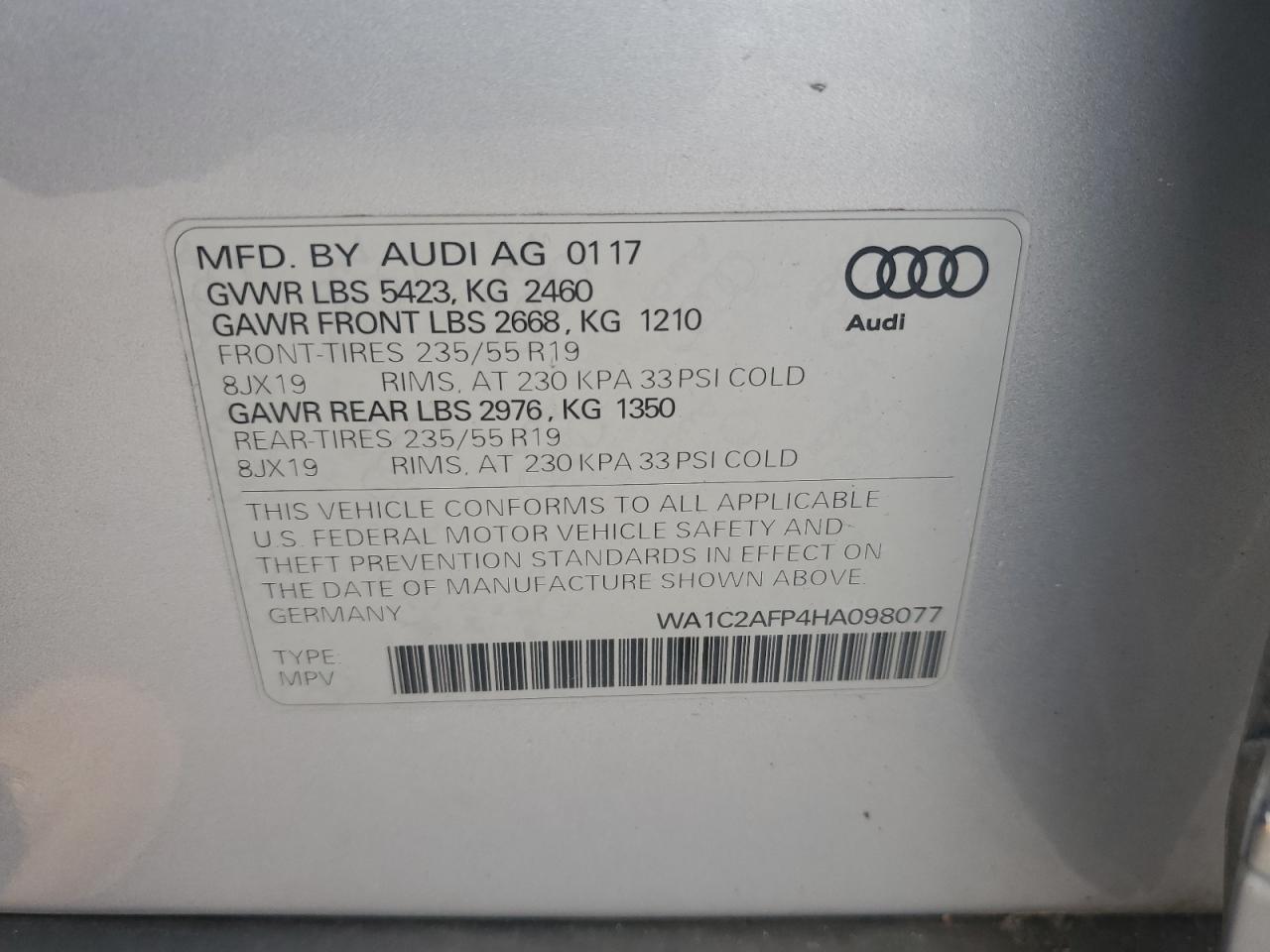 2017 Audi Q5 Premium VIN: WA1C2AFP4HA098077 Lot: 83850195