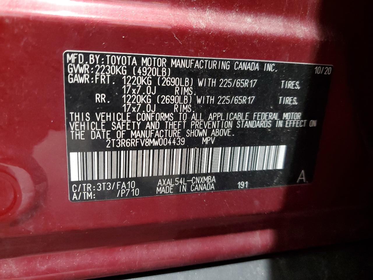 2021 Toyota Rav4 Xle VIN: 2T3R6RFV8MW004439 Lot: 80844225