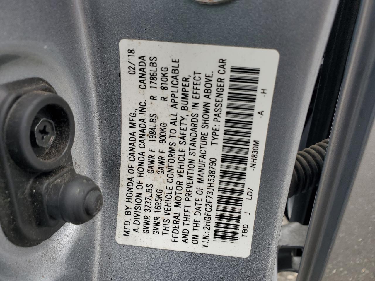 2018 Honda Civic Ex VIN: 2HGFC2F73JH538790 Lot: 72028945