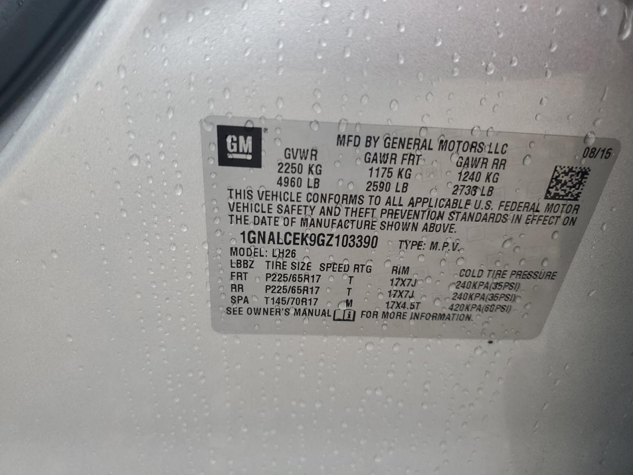 2016 Chevrolet Equinox Lt VIN: 1GNALCEK9GZ103390 Lot: 81460505