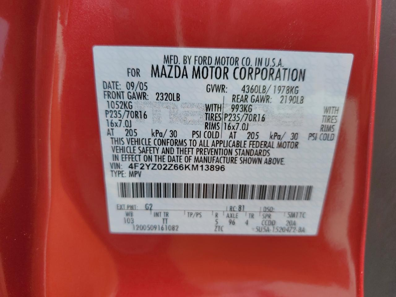 2006 Mazda Tribute I VIN: 4F2YZ02Z66KM13896 Lot: 80320115