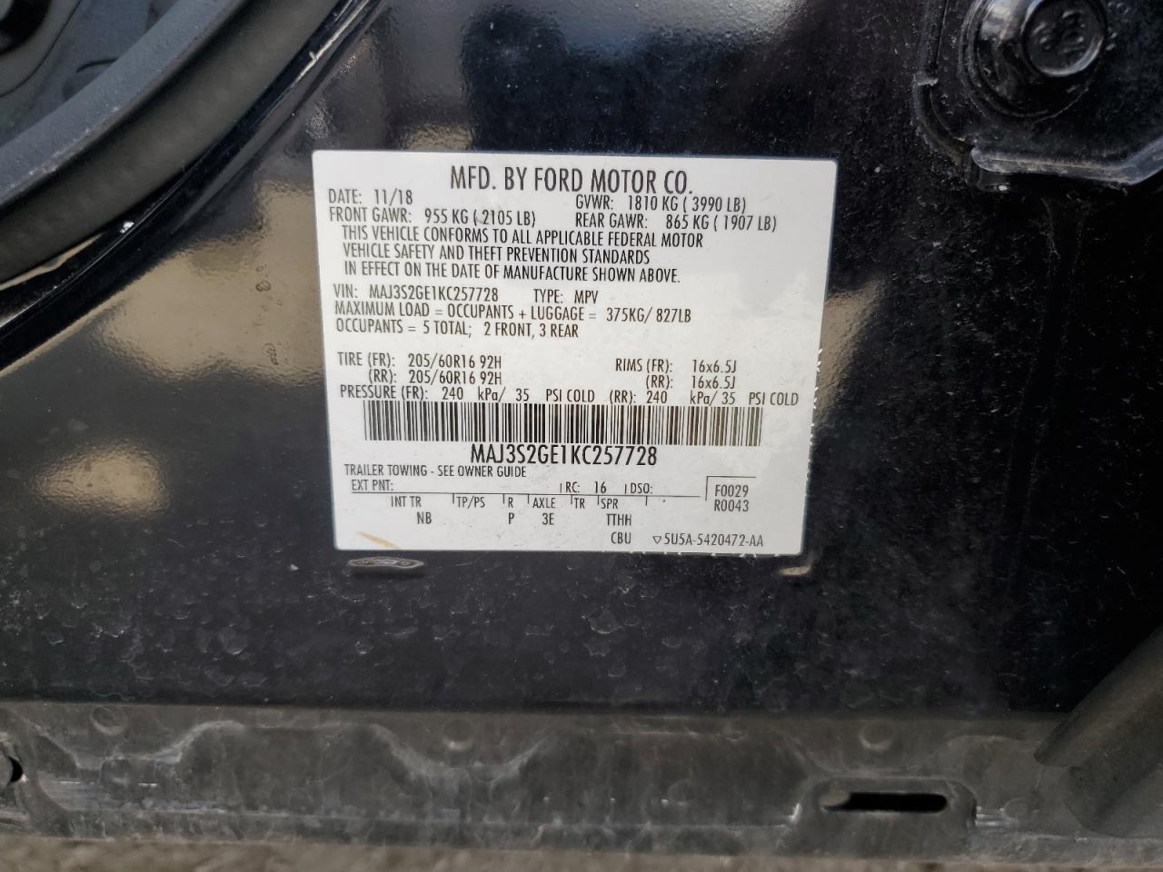 2019 Ford Ecosport Se VIN: MAJ3S2GE1KC257728 Lot: 71398325