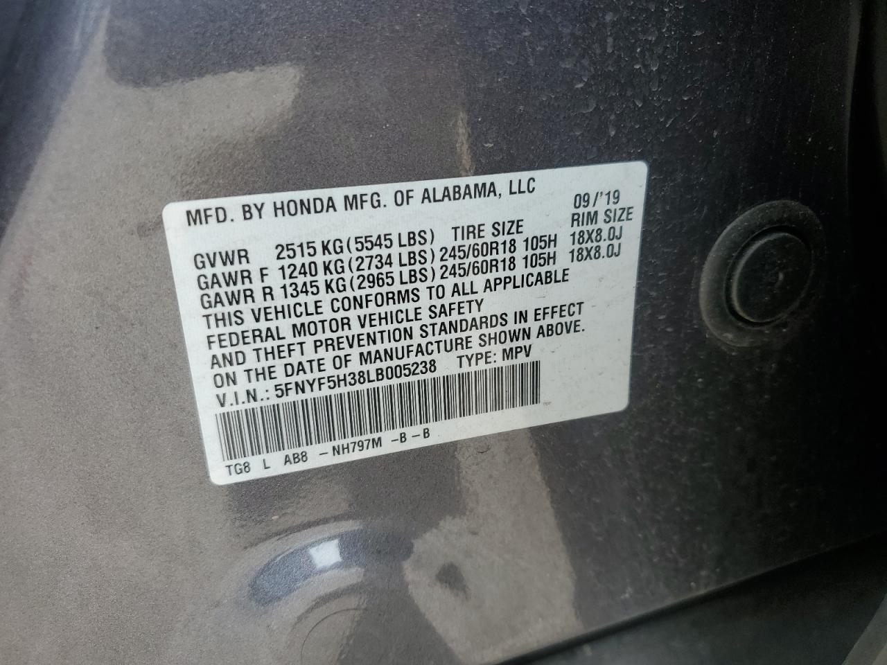 2020 Honda Pilot Ex VIN: 5FNYF5H38LB005238 Lot: 82064085