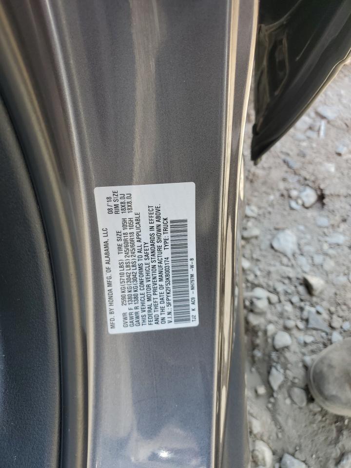 2019 Honda Ridgeline Rtl VIN: 5FPYK2F53KB003174 Lot: 83820035