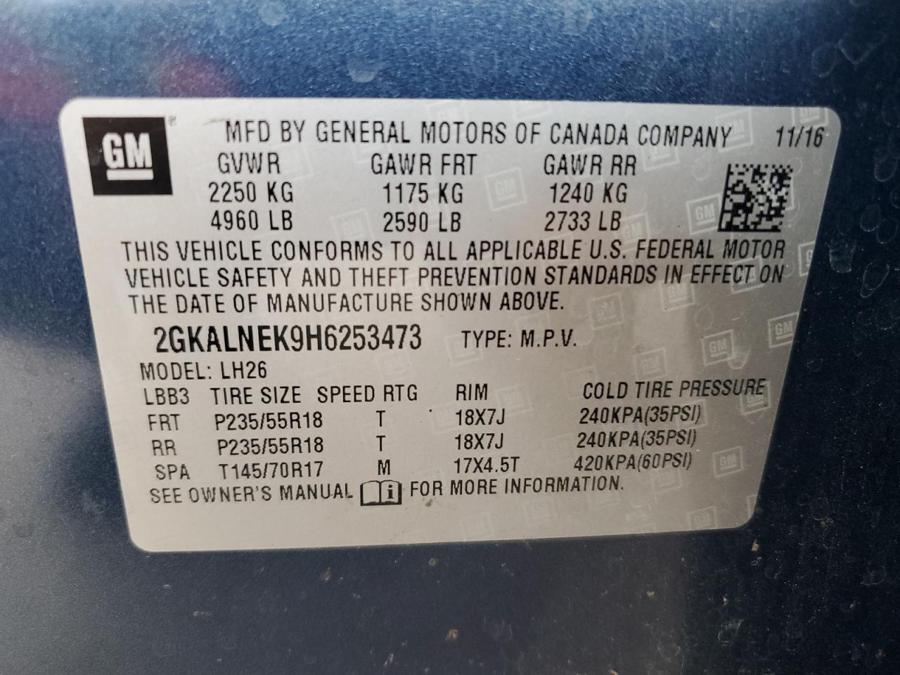 2017 GMC Terrain Sle VIN: 2GKALNEK9H6253473 Lot: 71689015