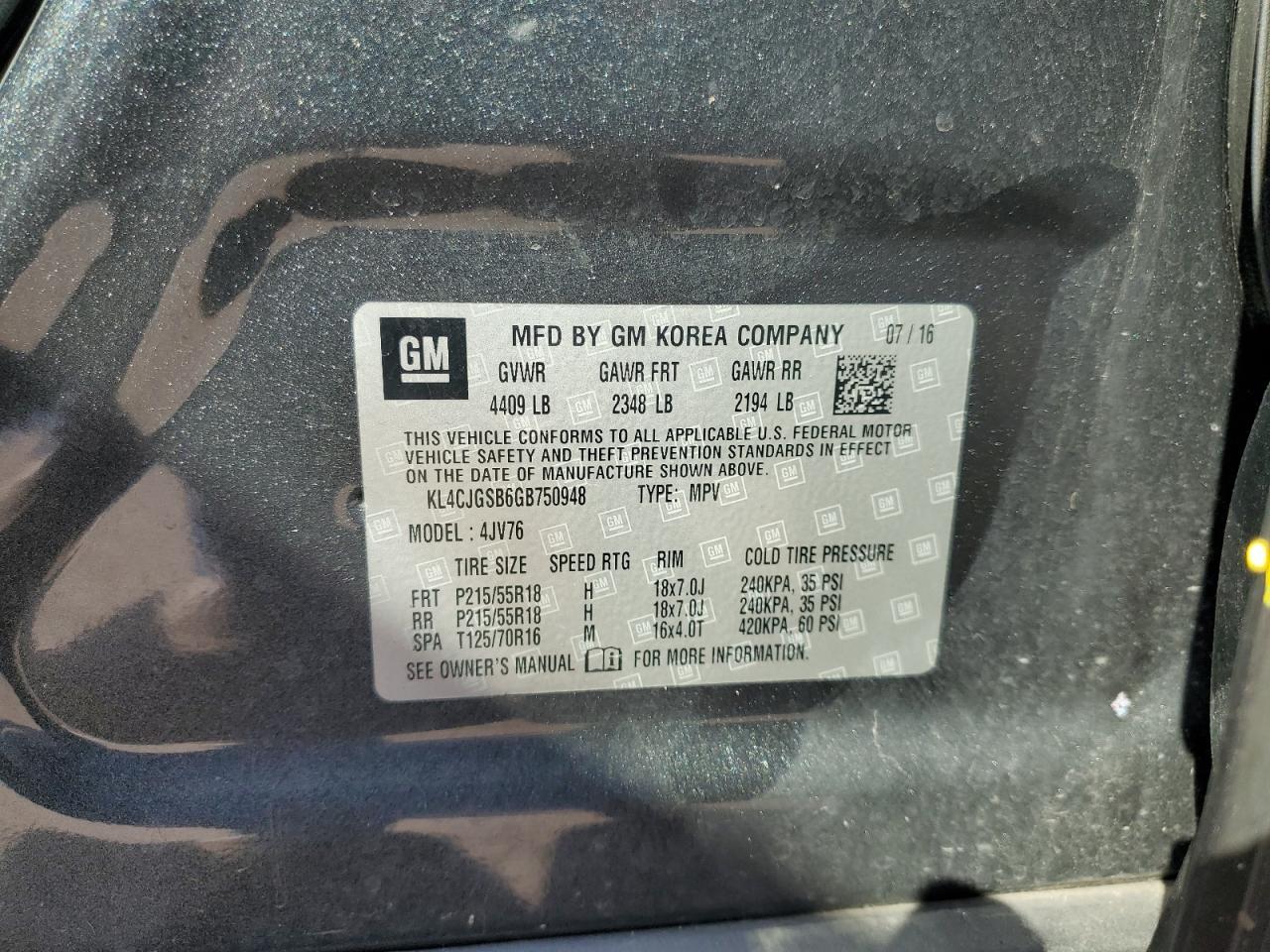 2016 Buick Encore VIN: KL4CJGSB6GB750948 Lot: 80798365