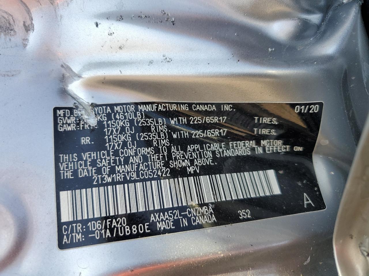 2020 Toyota Rav4 Xle VIN: 2T3W1RFV9LC052422 Lot: 81836625