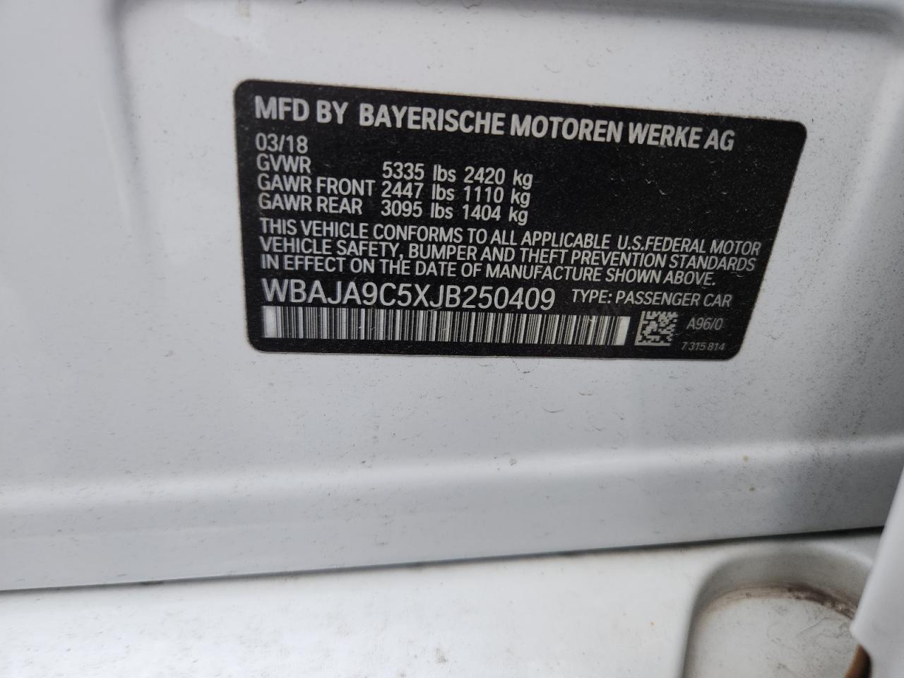 2018 BMW 530E VIN: WBAJA9C5XJB250409 Lot: 71835525