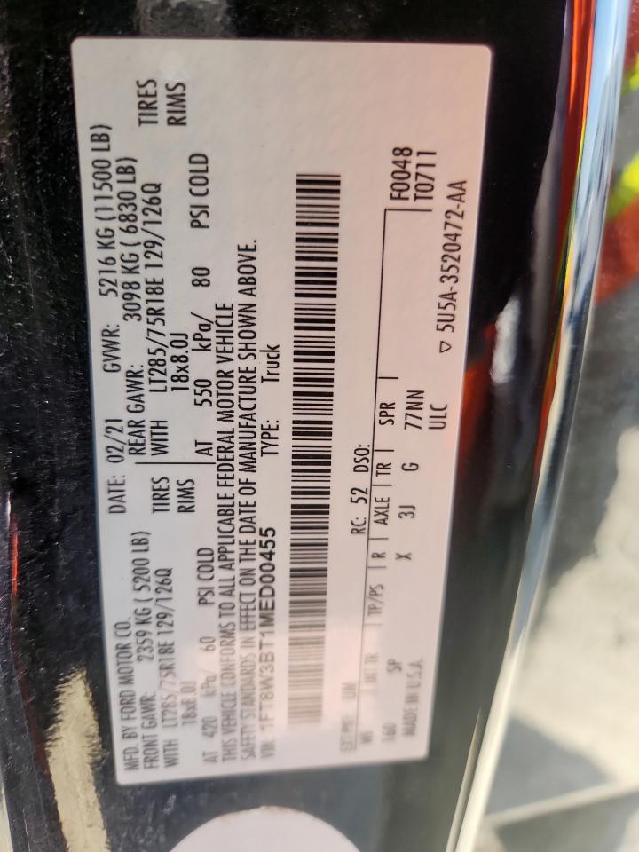 2021 Ford F350 Super Duty VIN: 1FT8W3BT1MED00455 Lot: 82152135