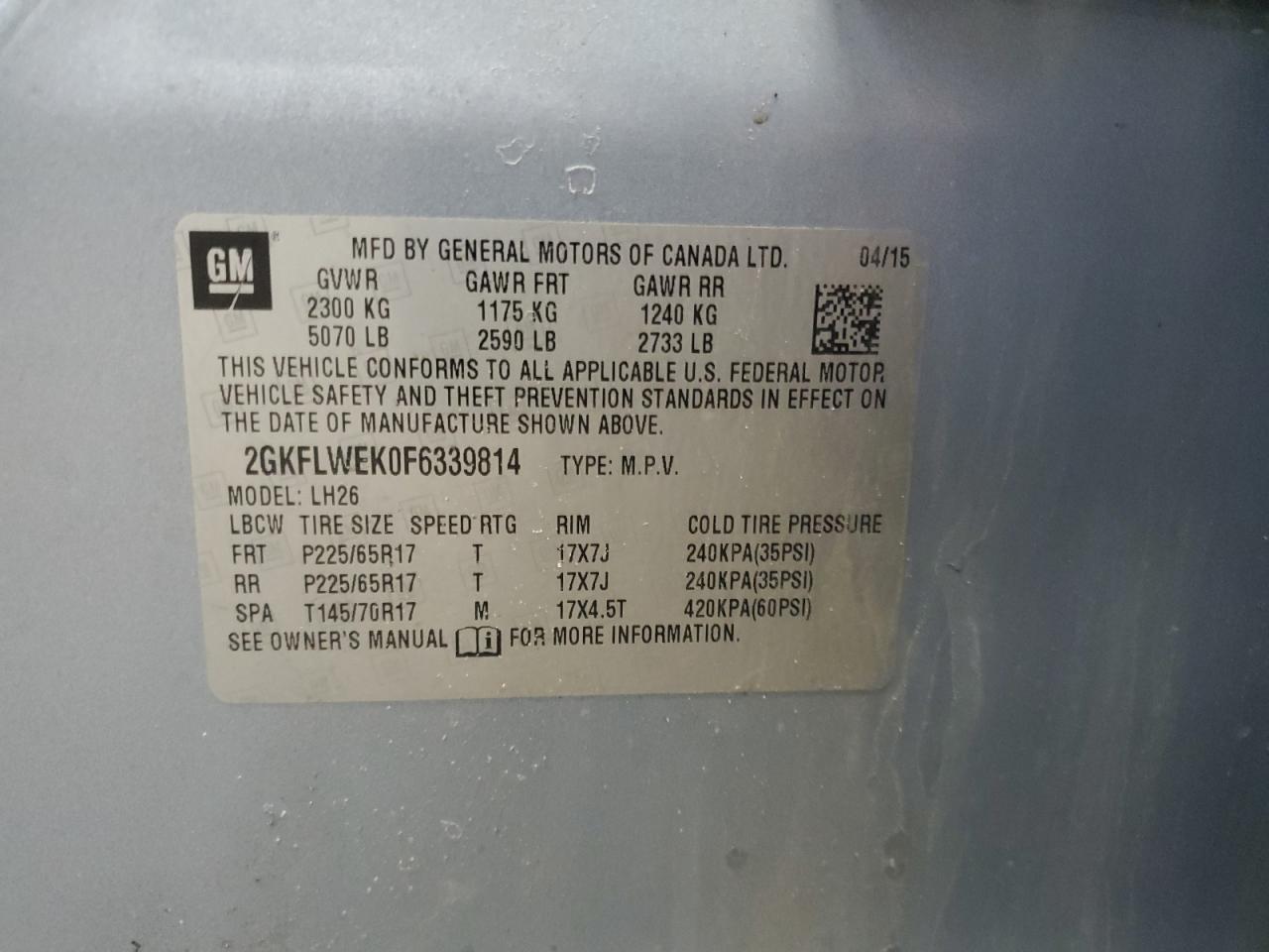 2015 GMC Terrain Sle VIN: 2GKFLWEK0F6339814 Lot: 84739425